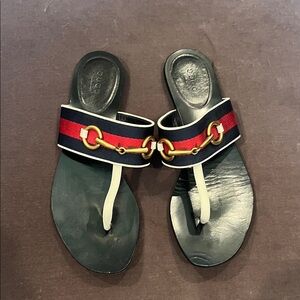 Gucci Black and Red/Navy and Cream Slide Sandals with Gold Detail - size 37